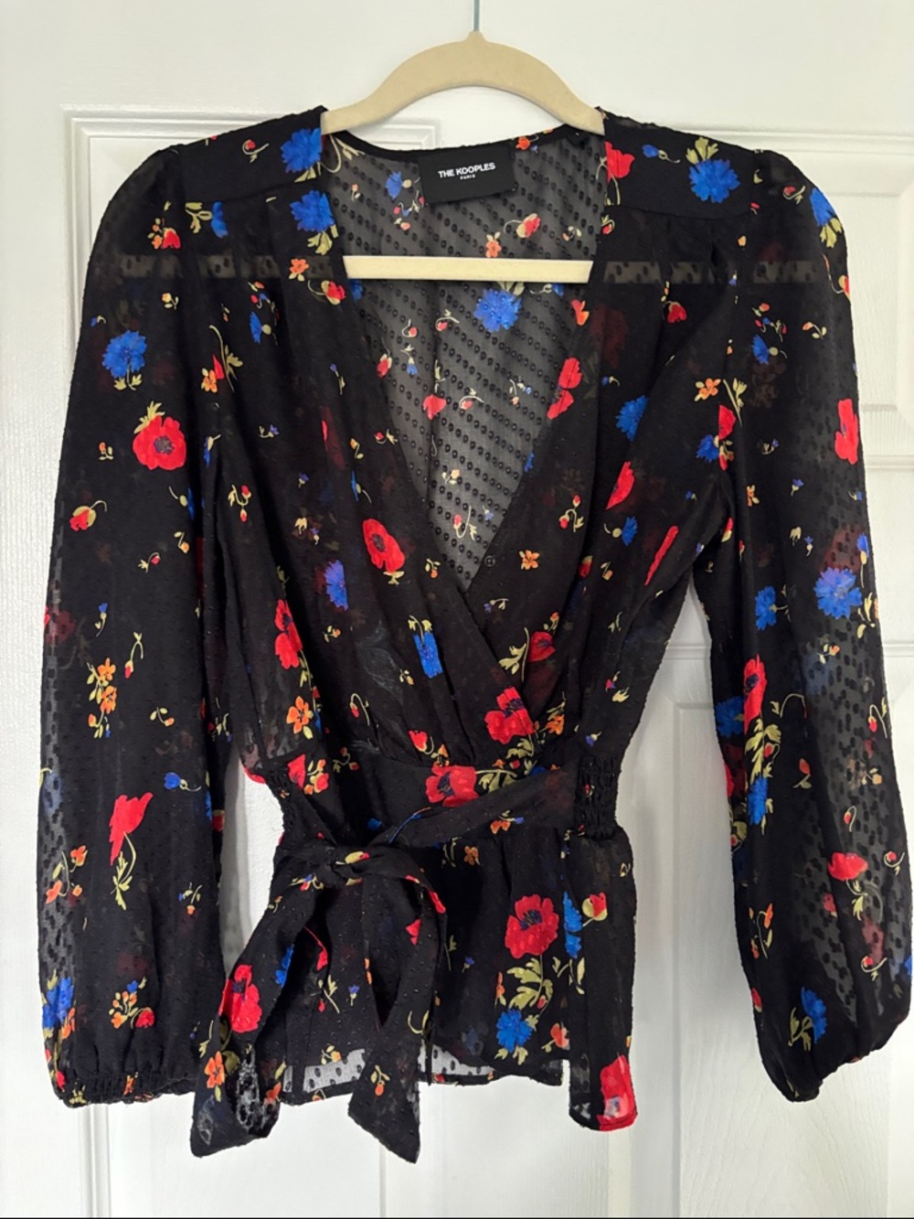 The Kooples Black Floral Wrap Top with Red & Blue Blooms